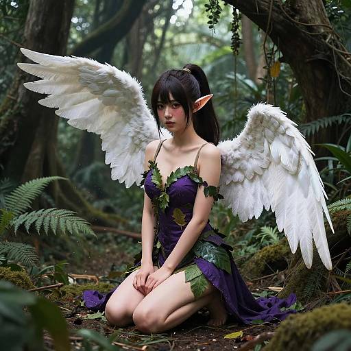Fantasy Fairy Woman with White Wings in Jungle