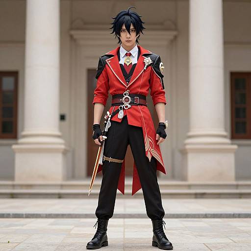 Digital anime-style image of a handsome young man with black hair, red coat, black pants, holding a sword, standing in a grandiose hall