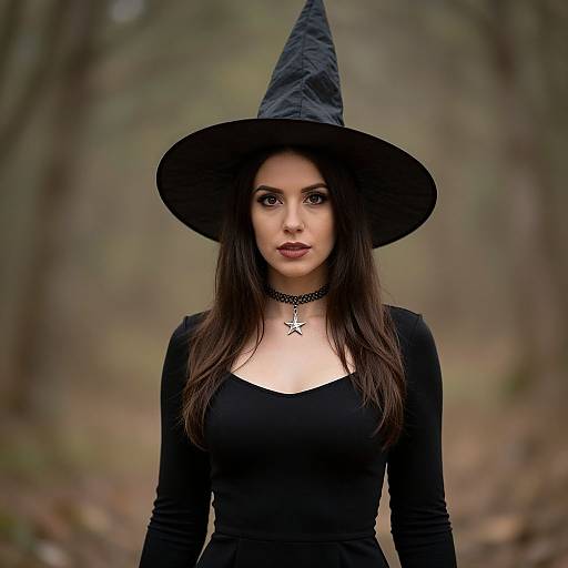 Photograph of a young woman with pale skin, dark brown hair, wearing a black witch hat, long-sleeve black dress, and choker
