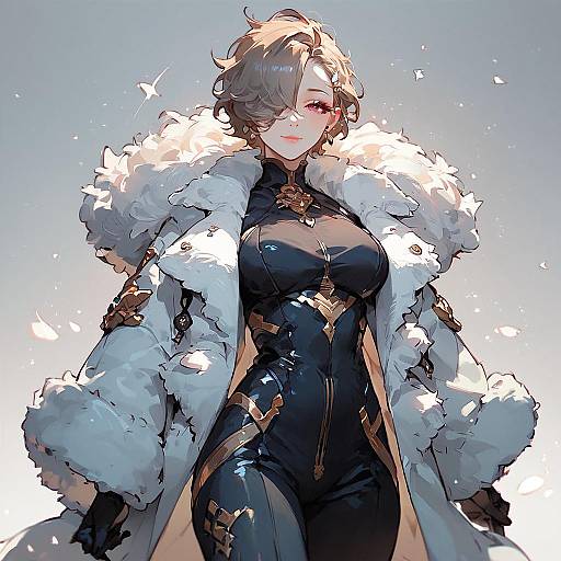 Digital anime-style illustration of a confident woman with short, wavy brown hair, wearing a black, form-fitting dress with gold accents, and a