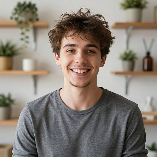 Photograph of a young man with messy brown hair, smiling, wearing a gray shirt, standing in front of a white wall with wooden shelves and p
