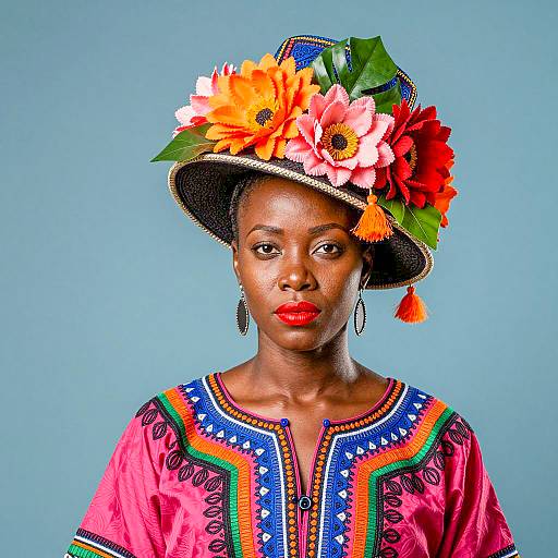 African Woman in Colorful Floral Hat and Embroidered Robe
