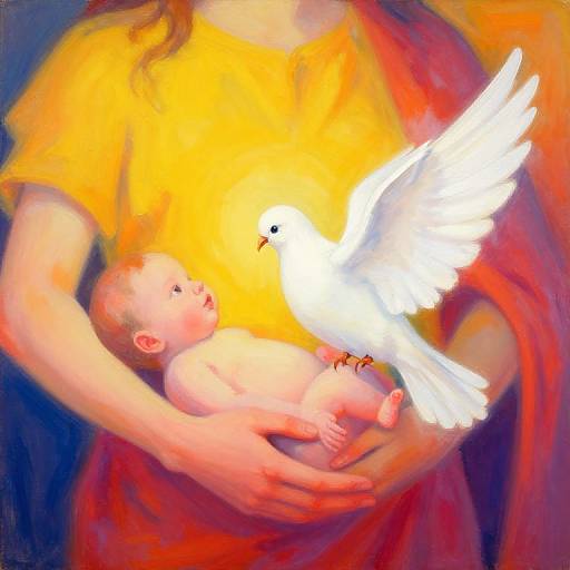 Digital painting of a woman in a yellow top, holding a naked baby, with a white dove in mid-flight above them. Vibrant colors, soft