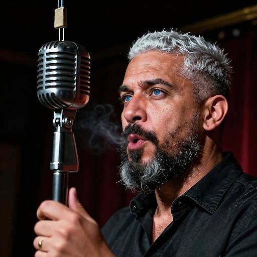 Photograph of a bearded man with silver hair, blue eyes, and black shirt, singing into a vintage chrome microphone, with visible smoke from his
