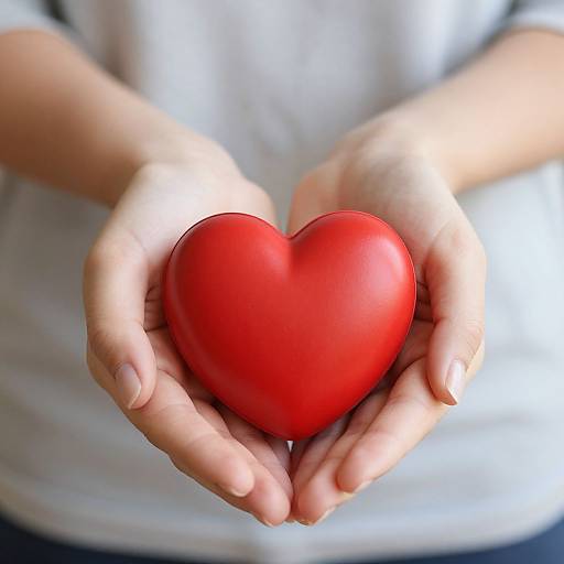 Photograph of light-skinned hands gently holding a bright red, shiny heart-shaped object against a softly blurred white shirt background.