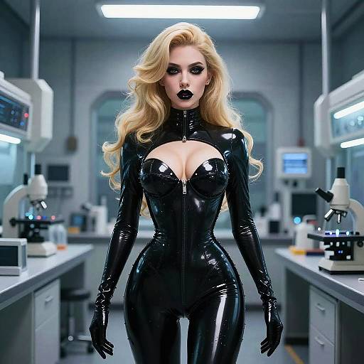 Photorealistic digital art of a blonde woman with voluminous hair, wearing a tight, black latex catsuit with a front zipper, standing confidently in