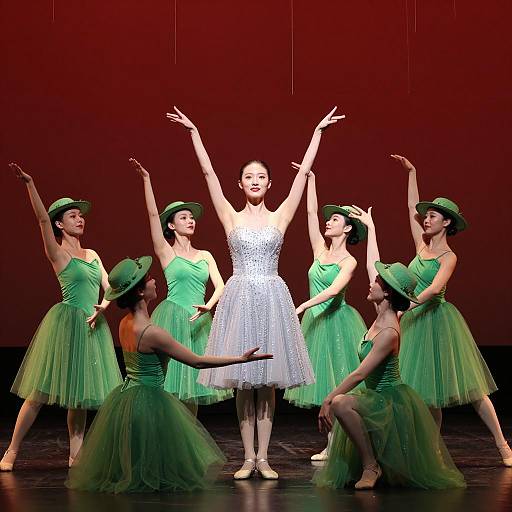 Ballet Dancers in Green and Silver Costumes on Stage