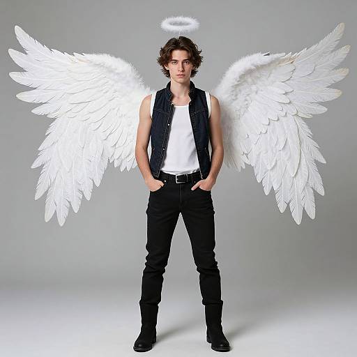 Photograph of a young man with curly brown hair, white angel wings, halo, black vest, white shirt, black pants, and boots, standing