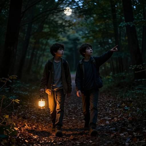 Photograph of two young Asian boys in dark forest at night, one holding lantern, other pointing, moon visible through trees.