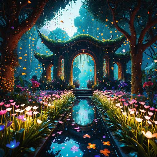 Mythical Garden with Glowing Dew and Floating Petals