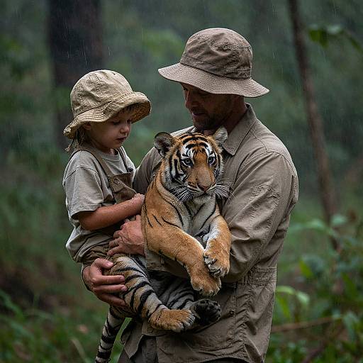 Photograph of a bearded man in a khaki bucket hat and shirt, holding a small child and a tiger cub in a rainforest. Both