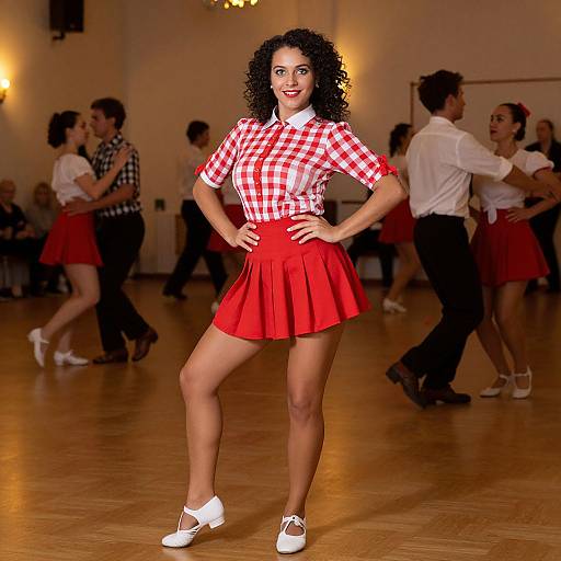 Photograph of a curly-haired woman with dark skin, wearing a red checkered shirt, red pleated skirt, and white shoes, dancing confidently in