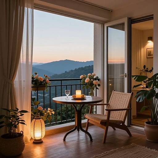 Photograph of a cozy balcony at sunset with a round table, wicker chair, lit lantern, flowers, and glass of wine.
