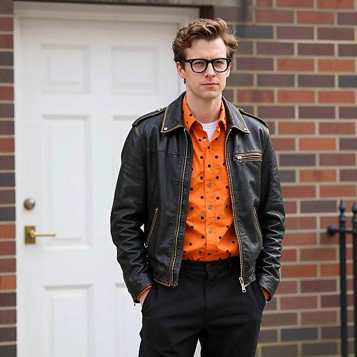 Young Man in Leather Jacket and Polka Dot Shirt