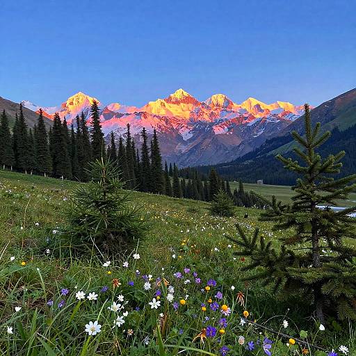 Sunset over snow-capped mountain and wildflower meadow
