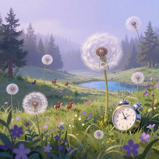 Whimsical Misty Lilac Meadow Illustration