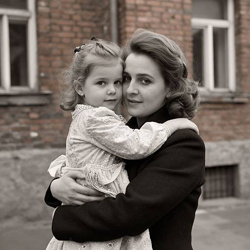 Black-and-white photograph of a smiling woman hugging a young girl with curly hair, wearing a lace dress, against a brick building background.