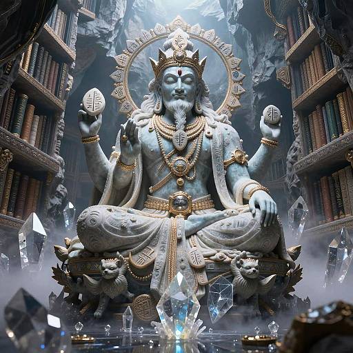 Photorealistic CGI of a majestic, statue-like deity with multiple arms holding symbols, adorned with gold jewelry, sitting in a library filled with books and
