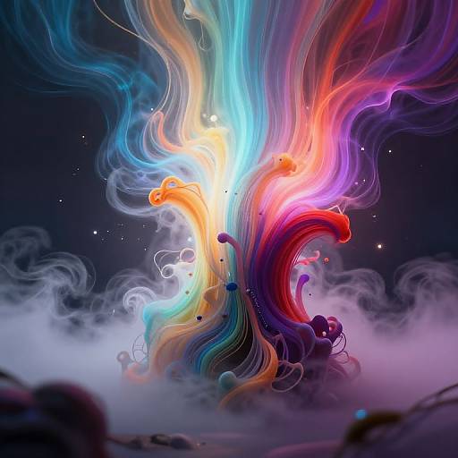 Digital artwork: Vibrant, swirling, multicolored smoke clouds in red, blue, orange, and purple, with glowing white center, set against