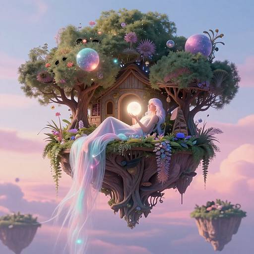 Digital artwork: ethereal woman in flowing white dress, lying on floating treehouse with glowing orb, surrounded by colorful bubbles, pink sky.