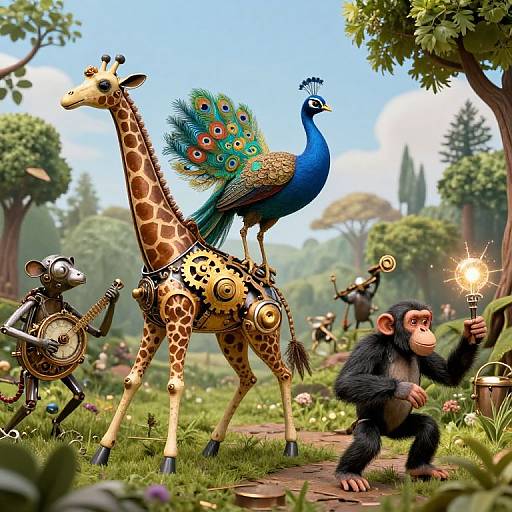 Fantasy illustration: Giraffe with peacock perched, monkey with drum and fire, lush forest, bright sky, whimsical, vibrant colors,