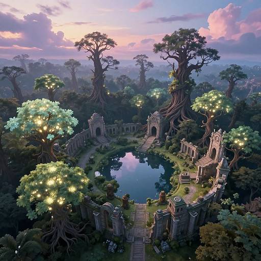 Fantastical CGI scene of a magical forest with glowing trees, ancient stone ruins, and a reflective pond at sunset.