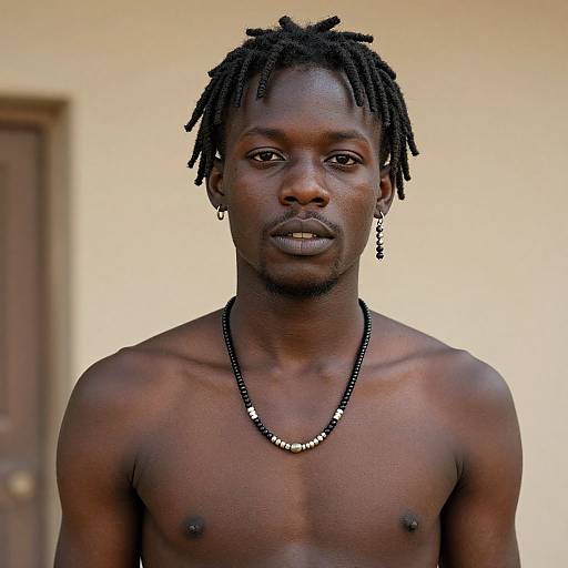 Photograph of a muscular, shirtless, dark-skinned Black man with short, neat dreadlocks, wearing a black bead necklace, standing against a