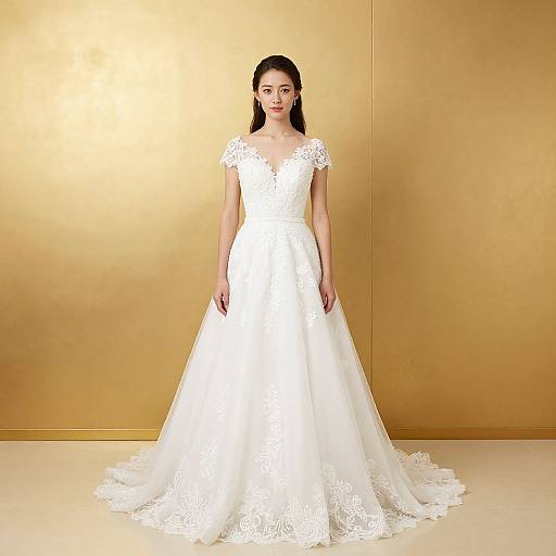 Photograph of a fair-skinned woman with long dark hair, wearing a white lace wedding dress with short sleeves, standing against a gold background.