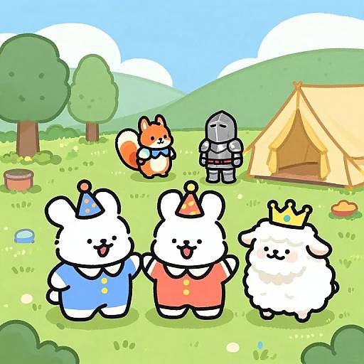 Cute cartoon: three fluffy bunnies in royal attire with crowns, blue, red, and white outfits, stand in a grassy field