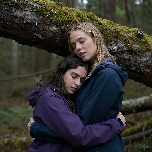 Two Women Embracing in Mossy Forest