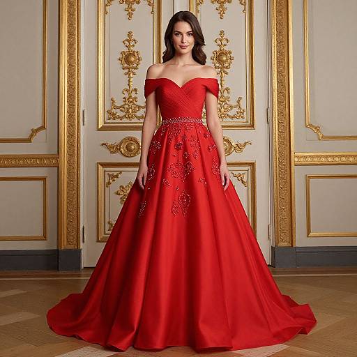 Photograph of a brunette woman in an off-shoulder, red, embellished ball gown standing in an opulent, gold-accented room