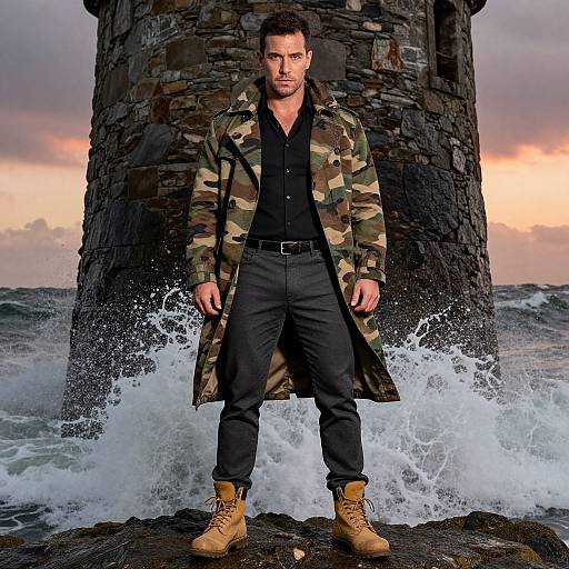 Photograph of a serious, dark-haired man in camouflage coat, black shirt, gray pants, and tan boots, standing against a stormy ocean and