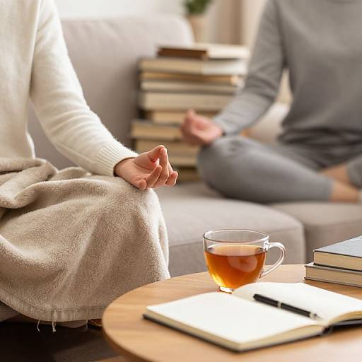 Photograph of two people meditating on a couch, one in a white sweater and beige blanket, the other in gray, with a tea cup and