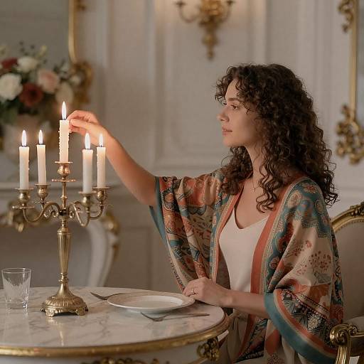 Woman Lighting Candles in Elegant Baroque Room