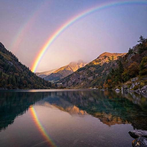 Photograph of a serene mountain lake at sunrise, reflecting a vibrant rainbow arc, surrounded by forested hills with soft morning light.