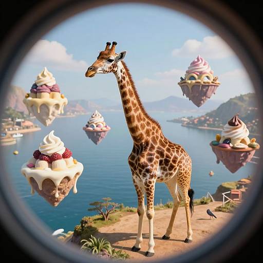 Photograph-style CGI: Giraffe stands on cliff overlooking floating cupcake islands with swirled frosting, set against blue ocean and distant mountains. Fram