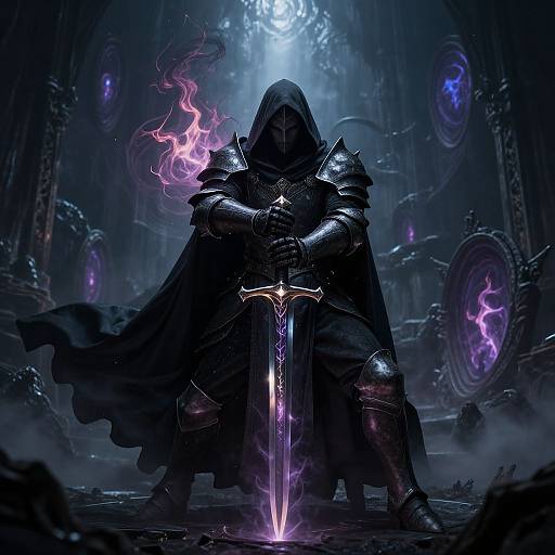 Mysterious armored warrior with hooded cloak, glowing purple sword, and fiery aura stands in a dark, mystical, futuristic cathedral. Digital artwork.