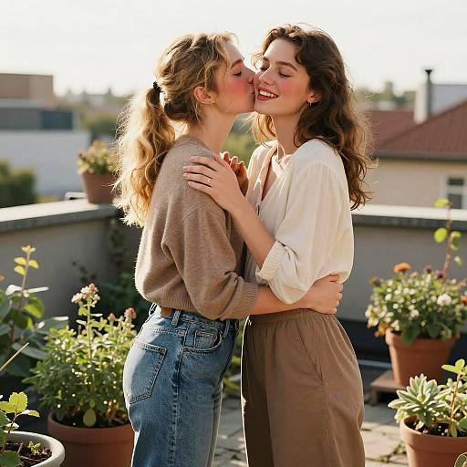 Photograph of two women kissing on a sunny rooftop, surrounded by potted plants. One wears a brown sweater and denim jeans, the other a white