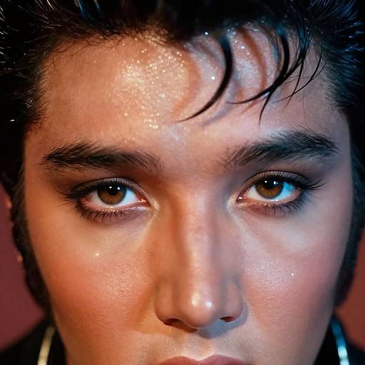 Close-up photograph of a young man with wet, dark hair, intense brown eyes, and shiny, sweat-covered face, gazing forward.