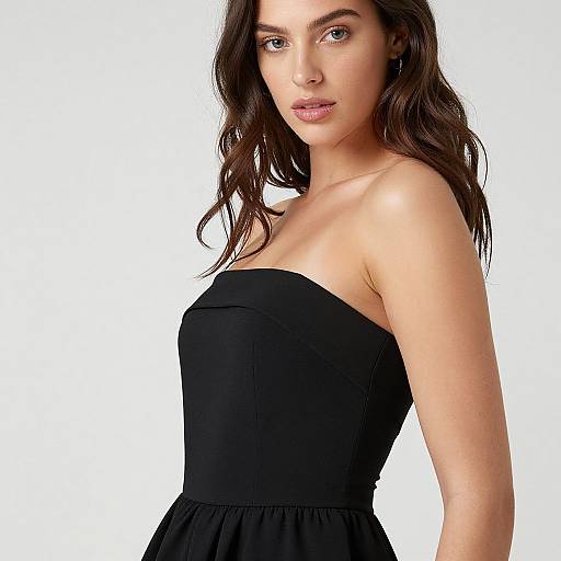 Photograph of a young woman with fair skin and wavy brown hair, wearing a strapless black dress, looking slightly to the side, white background