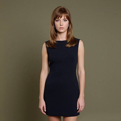 Photograph of a fair-skinned woman with straight brown hair, wearing a sleeveless black dress, standing against a plain olive green background.