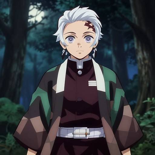 Anime-style digital drawing of a white-haired boy with a red scar on his forehead, wearing a black and green cloak with white accents, in a dark