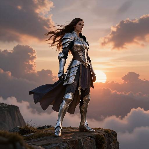 Photorealistic digital artwork of a strong, fair-skinned woman with long brown hair, wearing silver armor, standing confidently on a cliff at sunset,