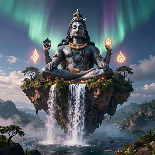 Digital art of a statue of Shiva sitting on a floating rock, surrounded by waterfalls, aurora borealis, and mystical flames.