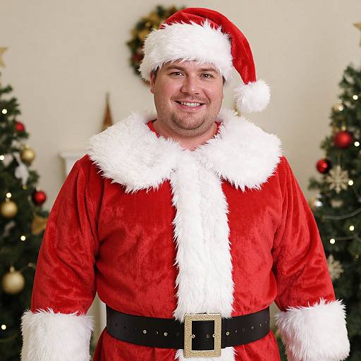 Photograph of a smiling, middle-aged man in a red Santa Claus outfit with white fur trim, black belt, and Christmas trees in the background.