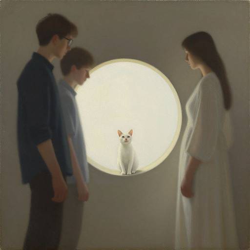 Photograph of three people, two men and a woman, standing in silhouette before a bright circular light, with a white cat centered in the light.