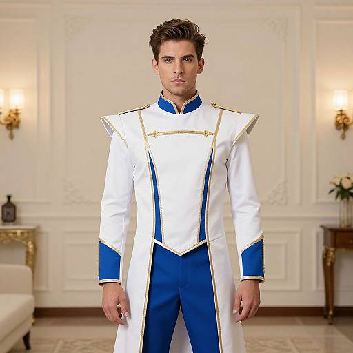 Photograph of a young man with dark hair in a white and blue formal military-style outfit, standing in an elegant, warmly lit room with ornate