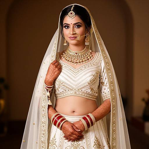 Photograph of an Indian bride in traditional white lehenga with gold embroidery, veil, and intricate jewelry, standing confidently with hands together.