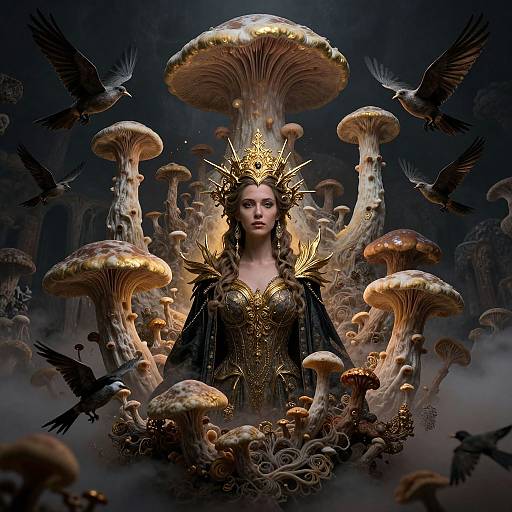 Digital fantasy artwork of a regal woman with a golden crown, black dress, surrounded by glowing mushrooms and black birds.