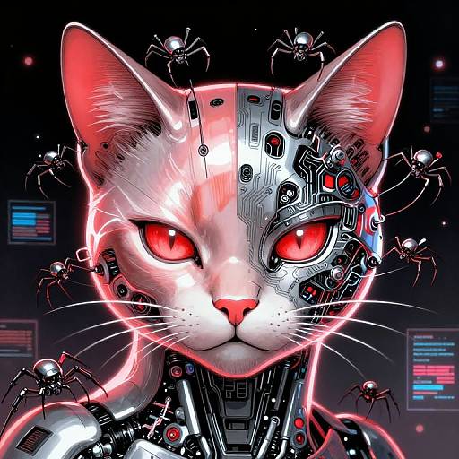 Digital artwork of a cybernetic white cat with glowing red eyes, surrounded by small robotic spiders, set against a dark, tech-filled background.